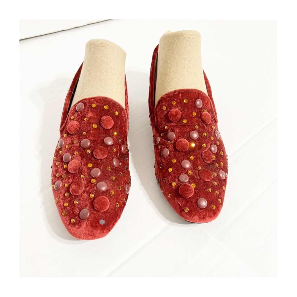 Donald J. Pliner Lyle Embellished Red Velvet Studded Loafers Hoilday Party S 6